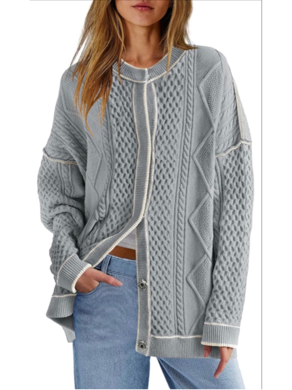 NEW Cable Knit Oversized Cardigan Button Up Striped Sweater S